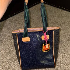 Consuela Navy Glitter Tote with Tan Accents
